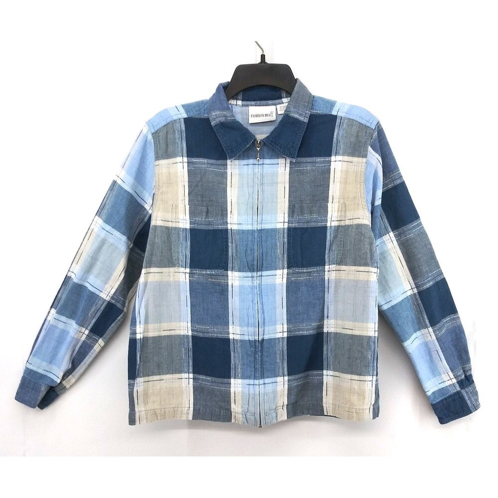 Fashion Bug Shirt/Jacket Women Size L Blue Plaid Long Sleeve Zip Up Casual Top